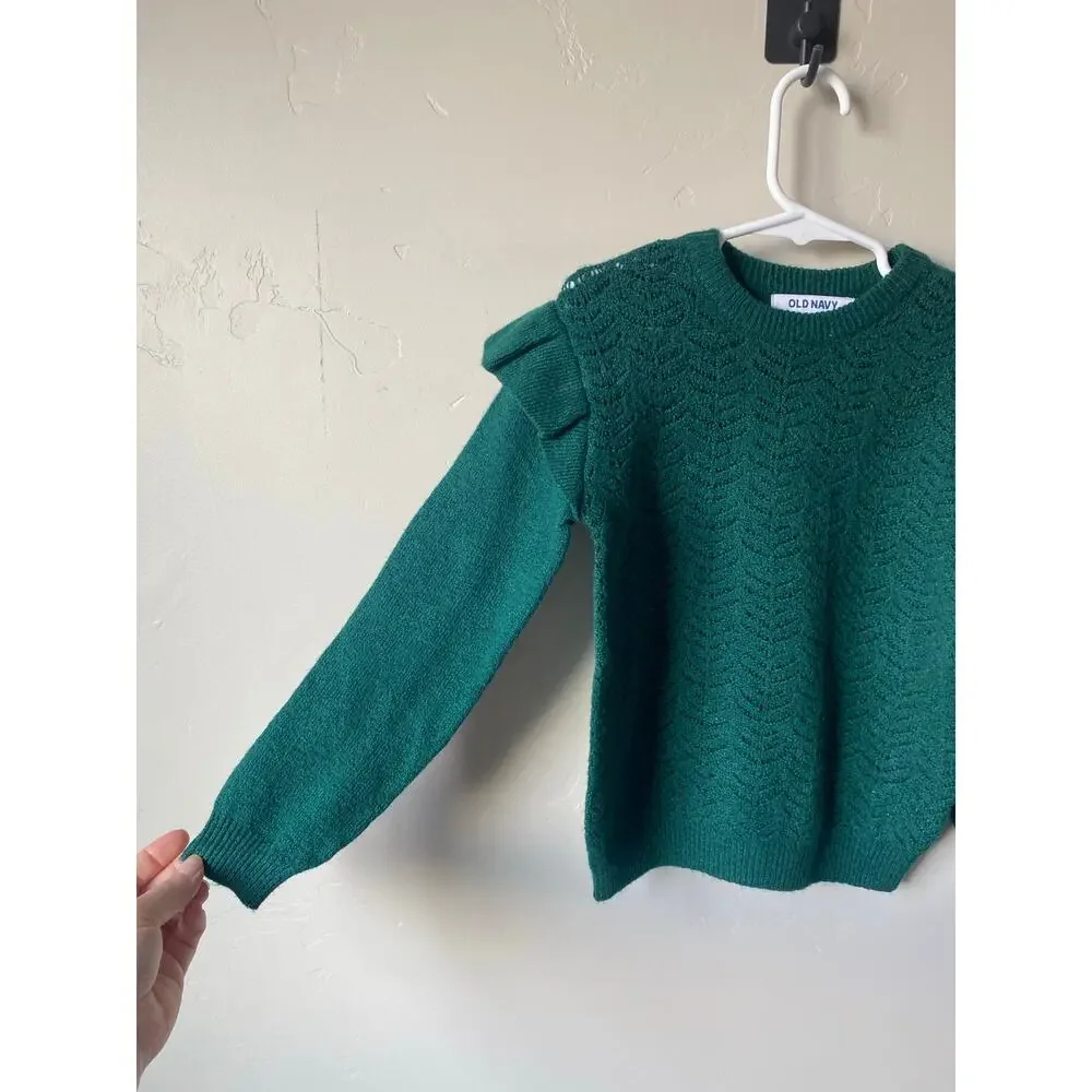 Old Navy Green Ruffle Sleeved Cotton Blend Christmas Sweater- Size 5t